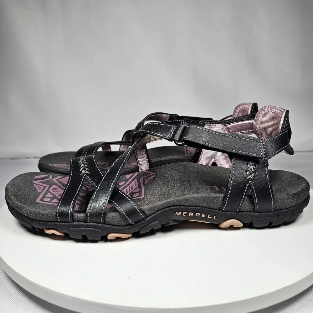 Merrell Women's Black‎ Leather Cross Strap Walking Sandals Size US 6 EUR 37